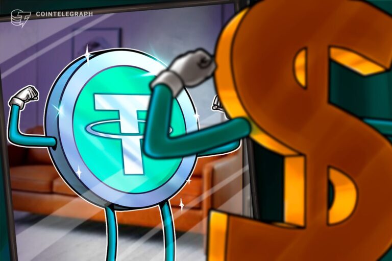 Geteiltes Bild mit Tether-Logo und BlackRock-Schriftzug vor einem Finanz-Chart