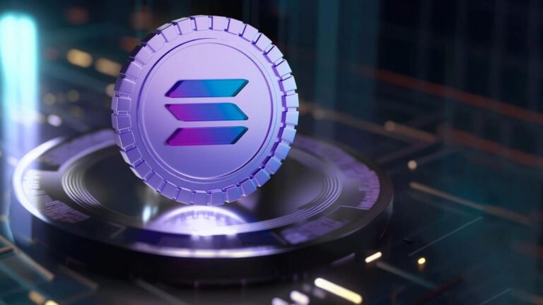 Abstrakte Darstellung des Solana-Logos auf einem digitalen Hintergrund, der ein schnelles Netzwerk symbolisiert