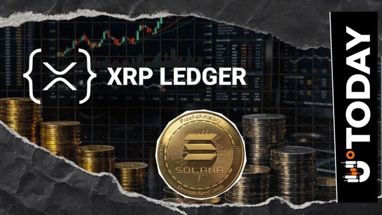 Eine Solana- und eine XRP-Münze vor einem digitalen Hintergrund, der eine Blockchain-Verbindung darstellt