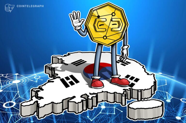 Grafische Darstellung der südkoreanischen Flagge neben digitalen Krypto-Münzen und dem Tether-Logo auf einem Bildschirm