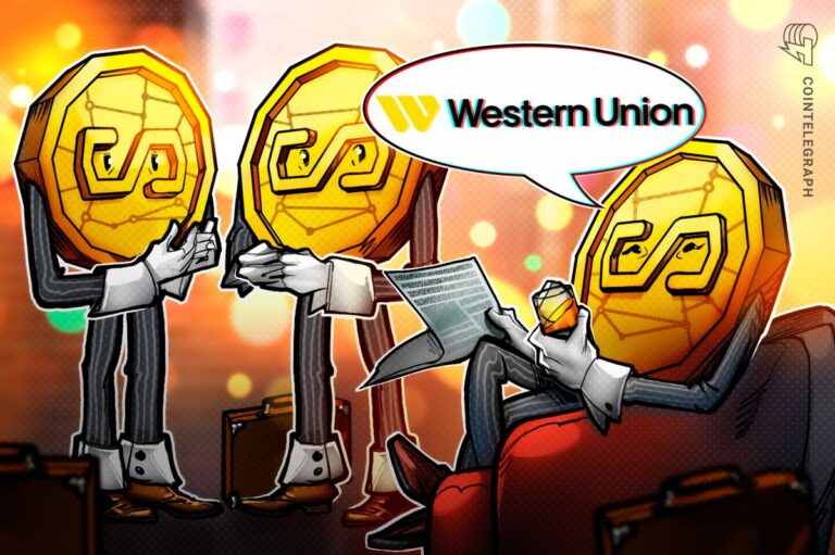 Eine Kreditkarte von Western Union und Visa vor einem digitalen Hintergrund mit dem Solana-Logo