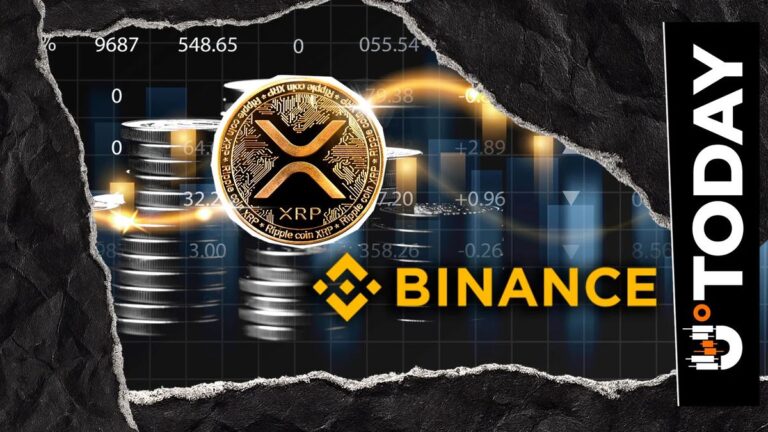 XRP-Münze vor einem roten Kurs-Chart und dem Binance-Logo