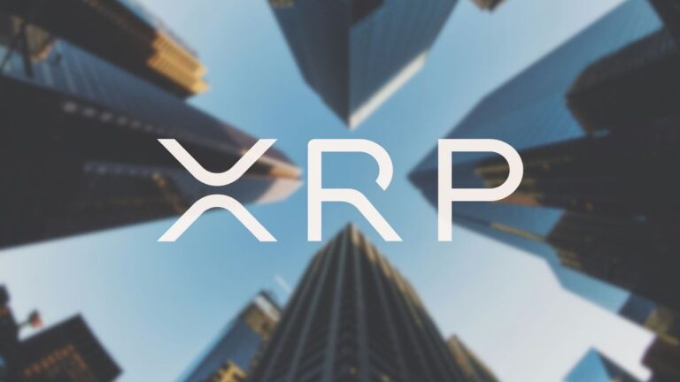 Eine digitale XRP-Münze auf einem gläsernen Hintergrund mit vernetzten Blockchain-Knotenpunkten.