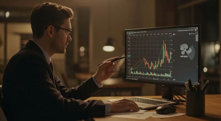 XRP Token Logo auf einem digitalen Hintergrund mit ansteigenden Marktdaten