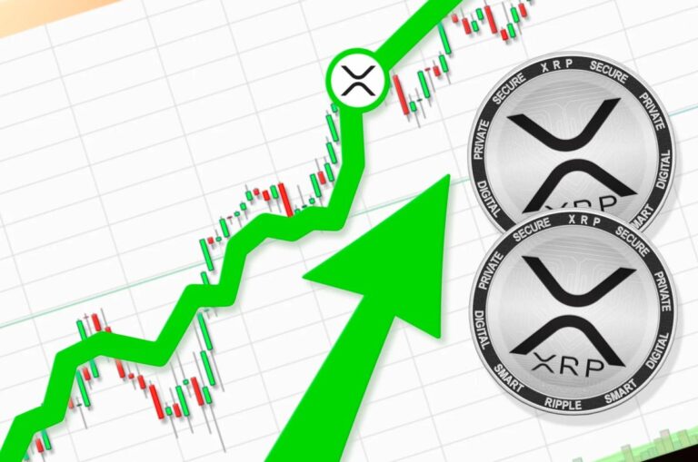 Ein digitaler XRP-Token vor einem volatilen Kurs-Chart mit roten und grünen Kerzen